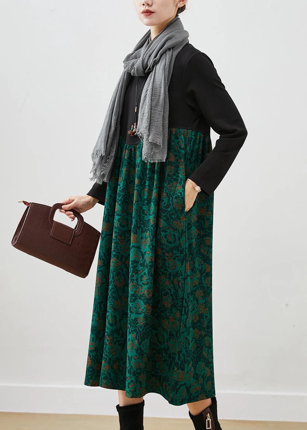 Beautiful Green Print Patchwork Cotton Maxi Dress Fall - Image 3