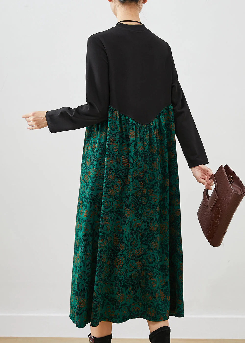Beautiful Green Print Patchwork Cotton Maxi Dress Fall - Image 4