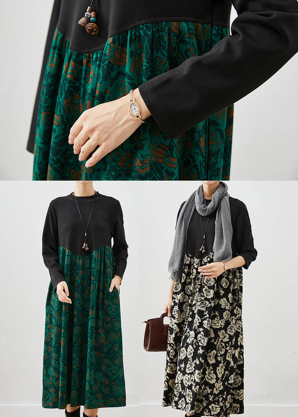 Beautiful Green Print Patchwork Cotton Maxi Dress Fall - Image 5