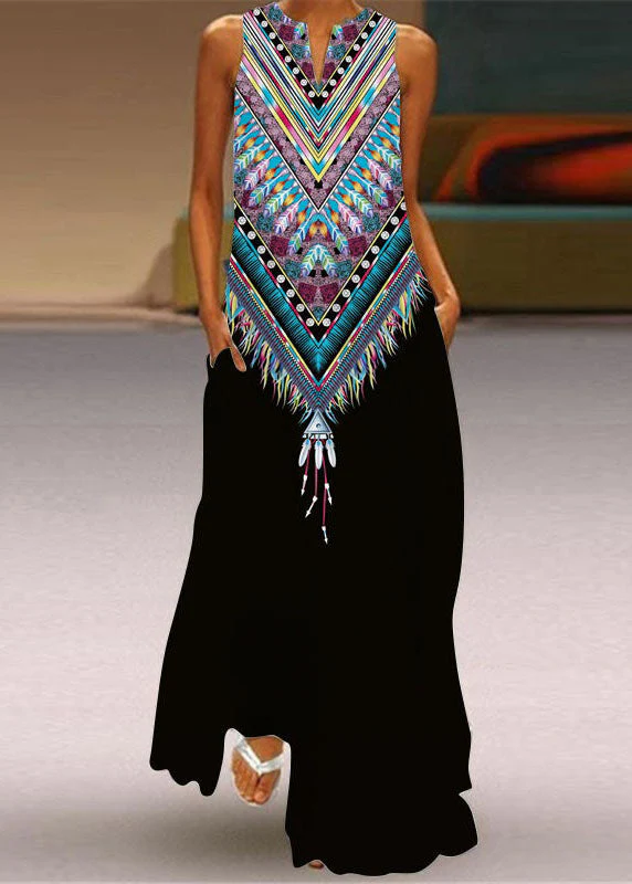 Beautiful Green Print Pockets Chiffon Beach Dress Sleeveless - Image 2