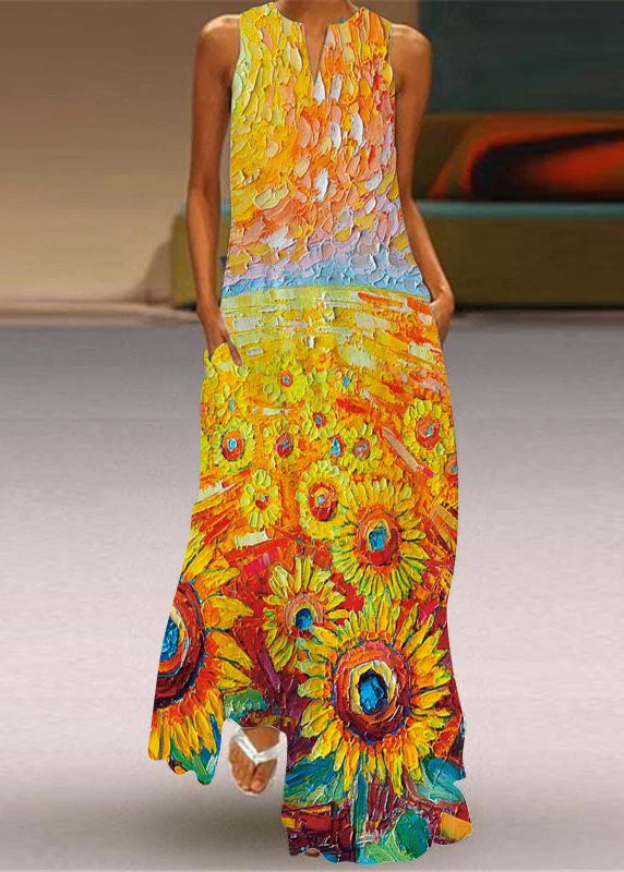 Beautiful Green Print Pockets Chiffon Beach Dress Sleeveless - Image 3