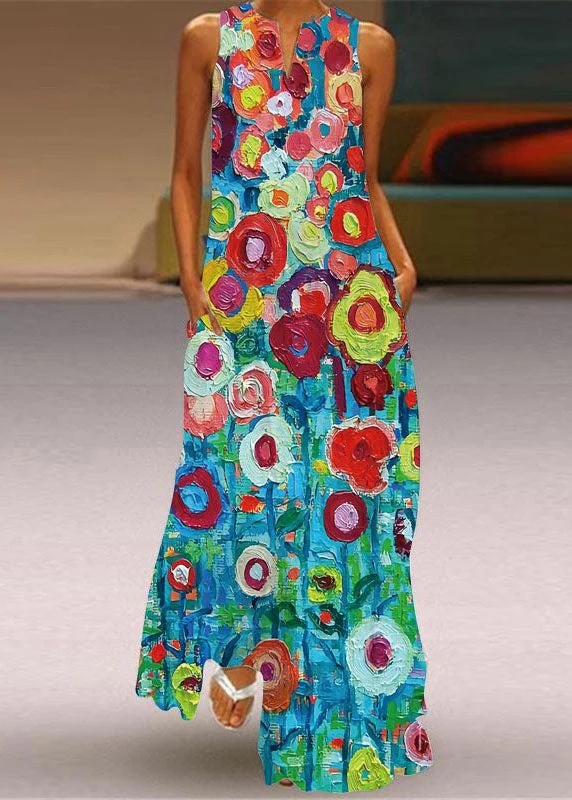 Beautiful Green Print Pockets Chiffon Beach Dress Sleeveless - Image 4