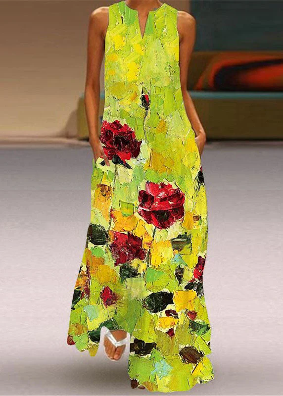 Beautiful Green Print Pockets Chiffon Beach Dress Sleeveless - Image 5