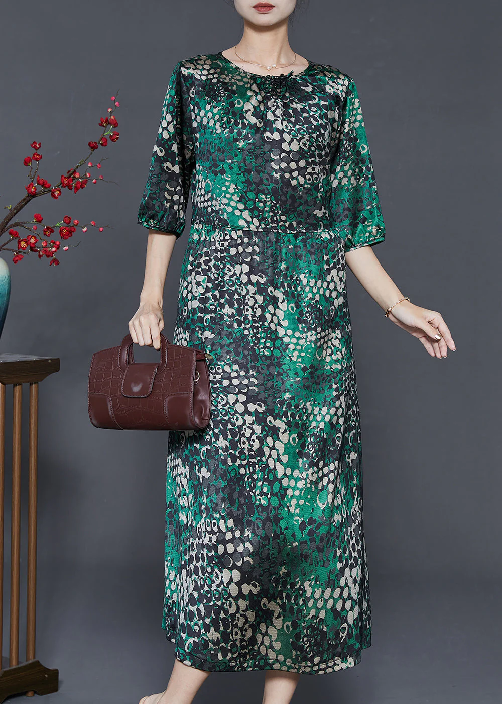 Beautiful Green Print Tie Waist Silk Dress Summer - Image 2