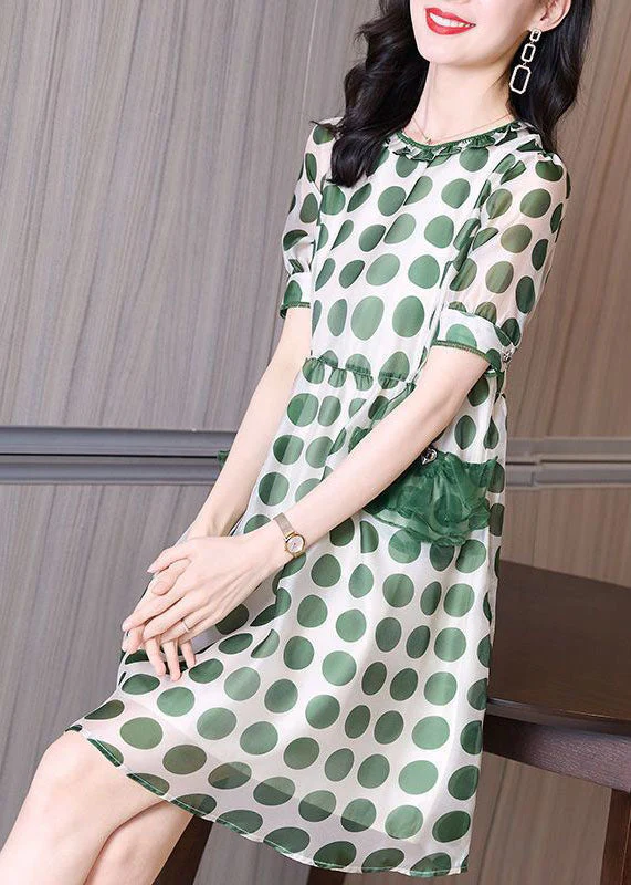 Beautiful Green Print Tulle Patchwork Chiffon Cinched Dress Summer - Image 3