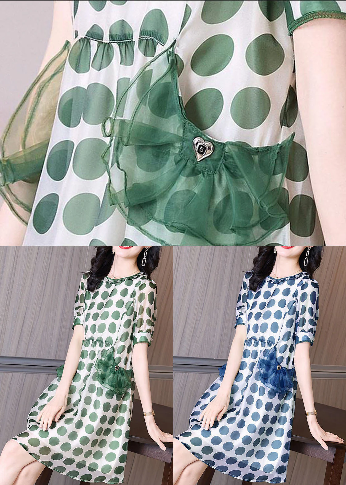 Beautiful Green Print Tulle Patchwork Chiffon Cinched Dress Summer - Image 5