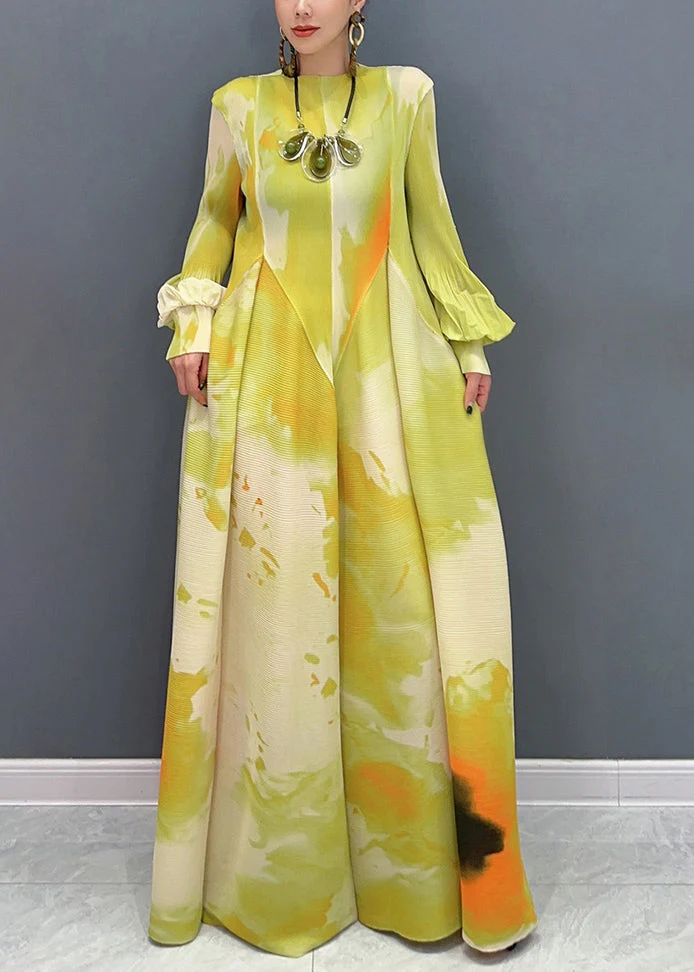 Beautiful Green Print Wrinkled Cotton Maxi Dresses Puff Sleeve - Image 2