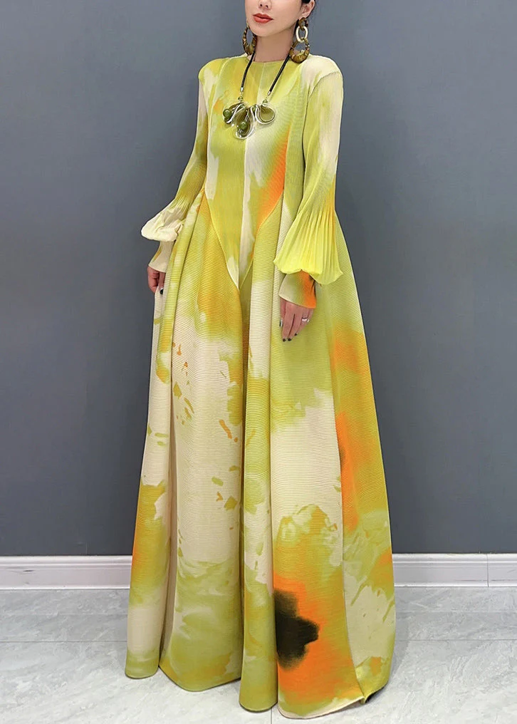Beautiful Green Print Wrinkled Cotton Maxi Dresses Puff Sleeve - Image 3