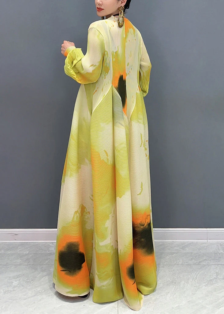 Beautiful Green Print Wrinkled Cotton Maxi Dresses Puff Sleeve - Image 4