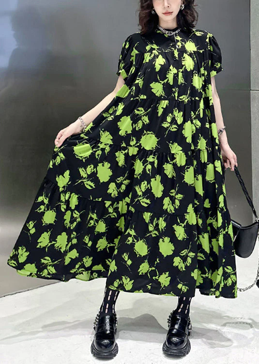 Beautiful Green Print Wrinkled Patchwork Cotton Long Dresses Summer - Image 2