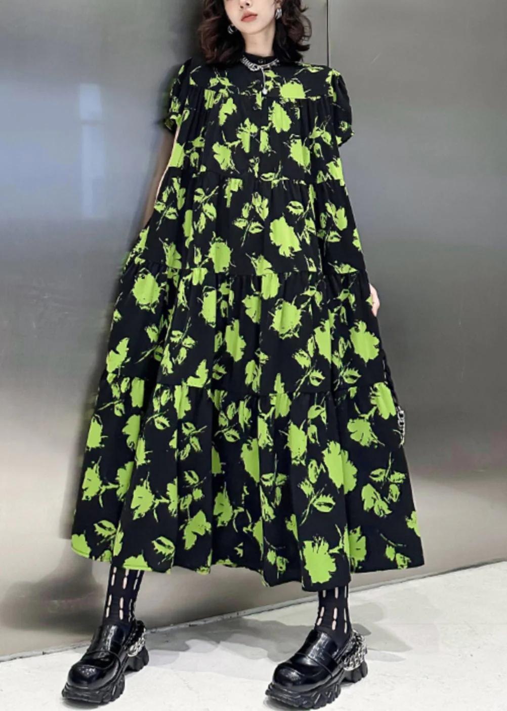 Beautiful Green Print Wrinkled Patchwork Cotton Long Dresses Summer - Image 3
