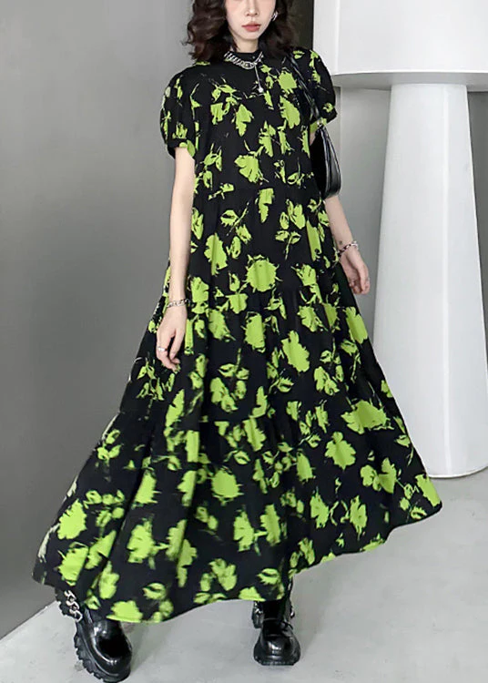 Beautiful Green Print Wrinkled Patchwork Cotton Long Dresses Summer - Image 4