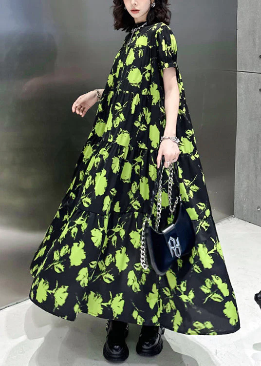 Beautiful Green Print Wrinkled Patchwork Cotton Long Dresses Summer - Image 5