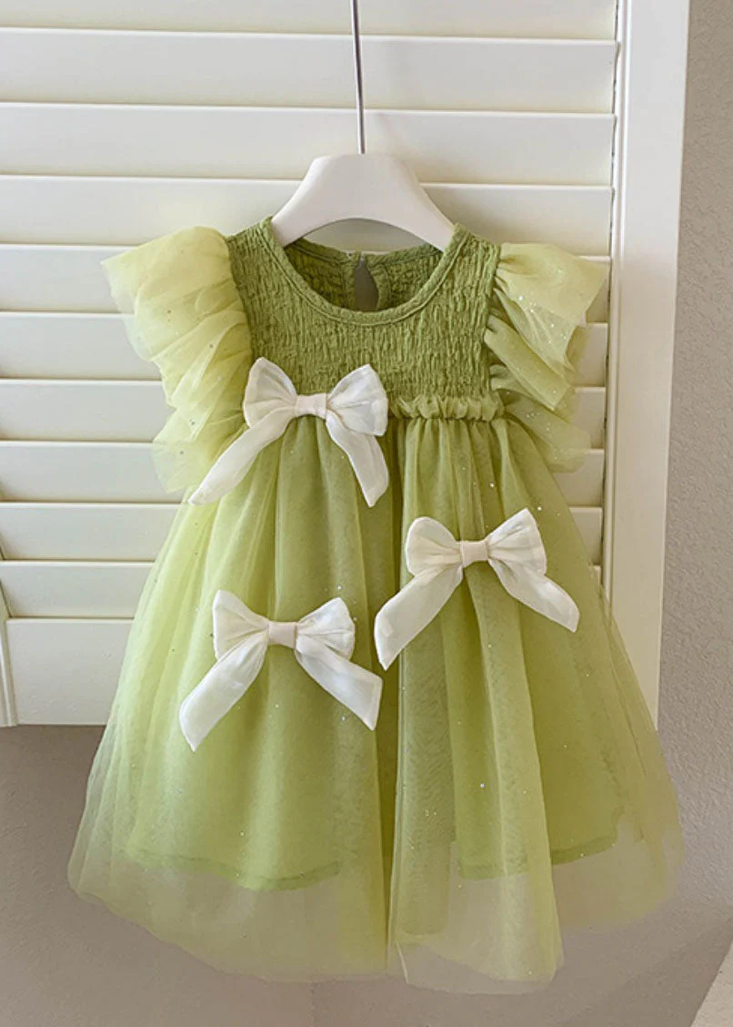 Beautiful Green Ruffled Bow Patchwork Tulle Kids Girls Princess Dress Summer - Image 2