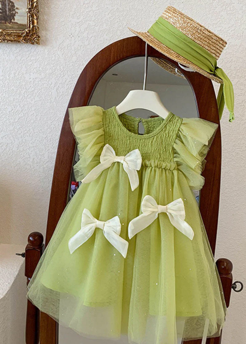 Beautiful Green Ruffled Bow Patchwork Tulle Kids Girls Princess Dress Summer - Image 3