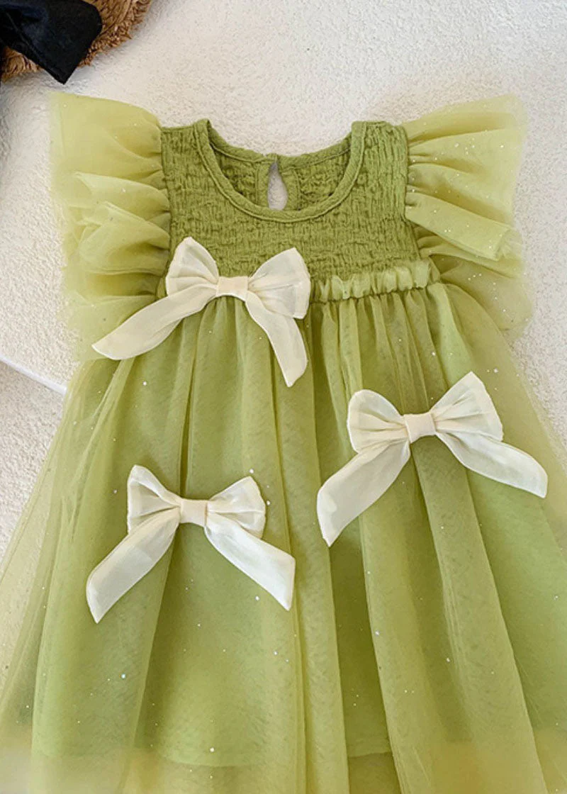 Beautiful Green Ruffled Bow Patchwork Tulle Kids Girls Princess Dress Summer - Image 4