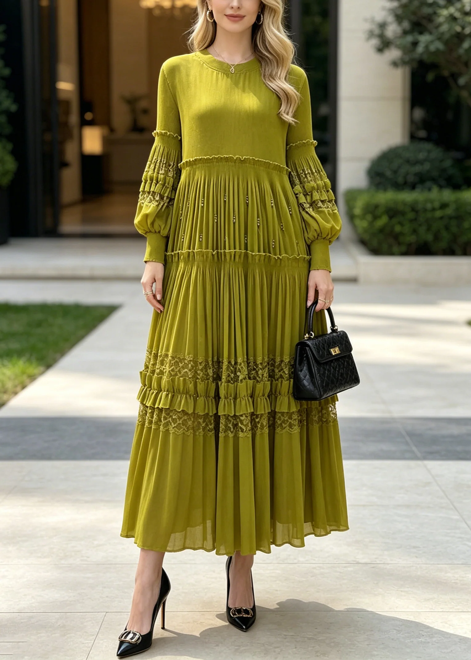 Beautiful Green Ruffled Patchwork Lace Holiday Dress Fall - Image 3