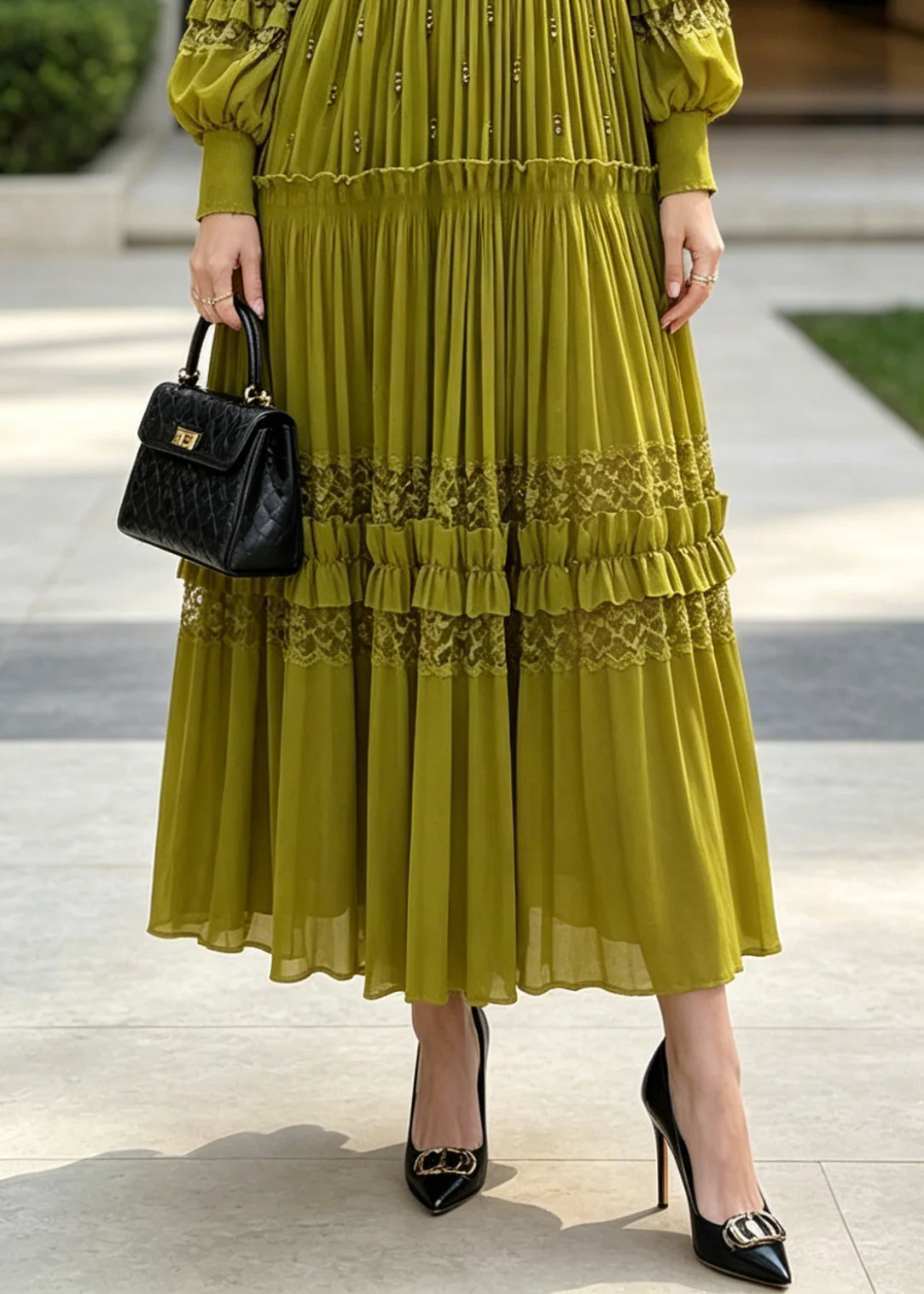 Beautiful Green Ruffled Patchwork Lace Holiday Dress Fall - Image 4