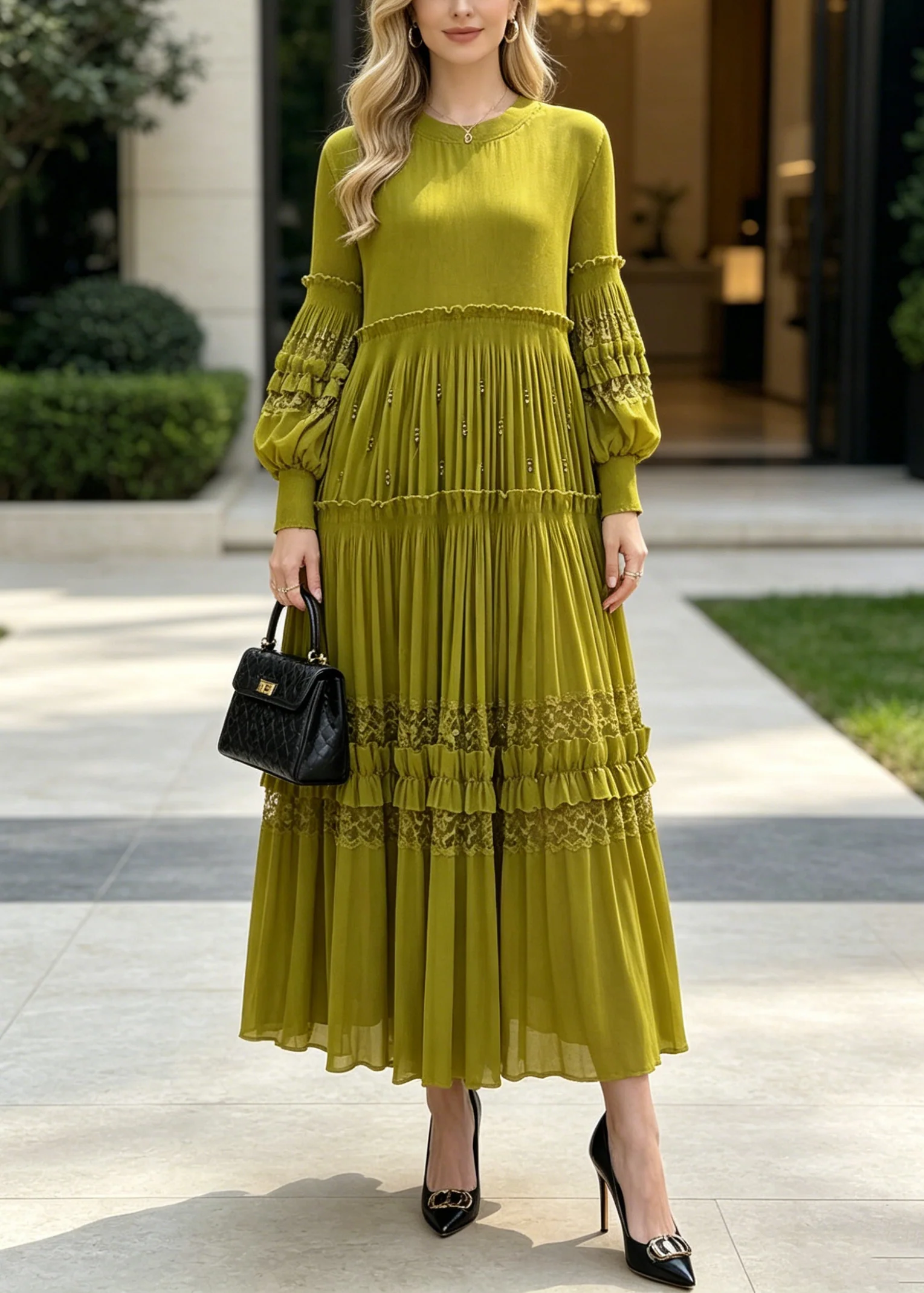 Beautiful Green Ruffled Patchwork Lace Holiday Dress Fall - Image 5