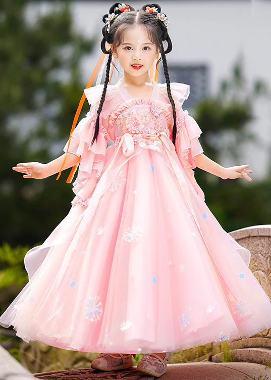 Beautiful Green Ruffled Patchwork Snow Embroideried Tulle Kids Long Dress Summer - Image 2