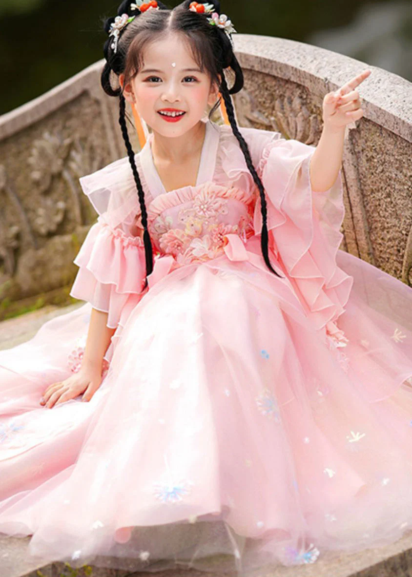 Beautiful Green Ruffled Patchwork Snow Embroideried Tulle Kids Long Dress Summer - Image 3