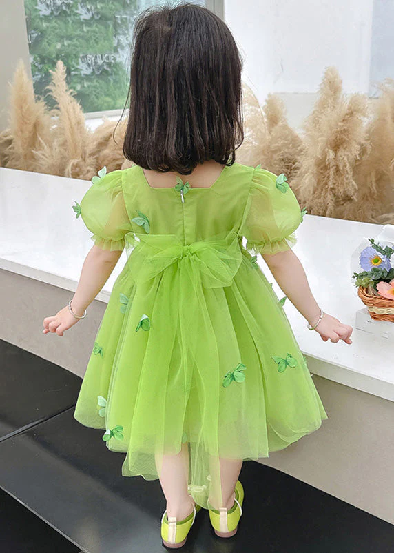 Beautiful Green Square Collar Patchwork Tulle Girls Long Dresses Short Sleeve - Image 4
