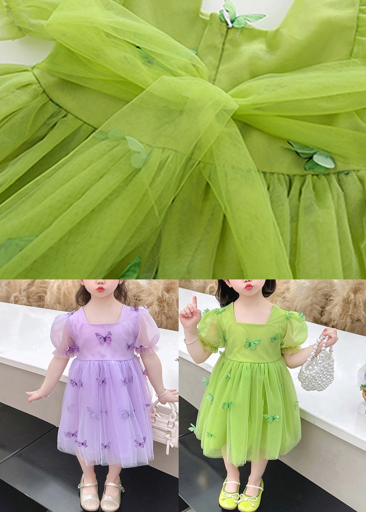 Beautiful Green Square Collar Patchwork Tulle Girls Long Dresses Short Sleeve - Image 5