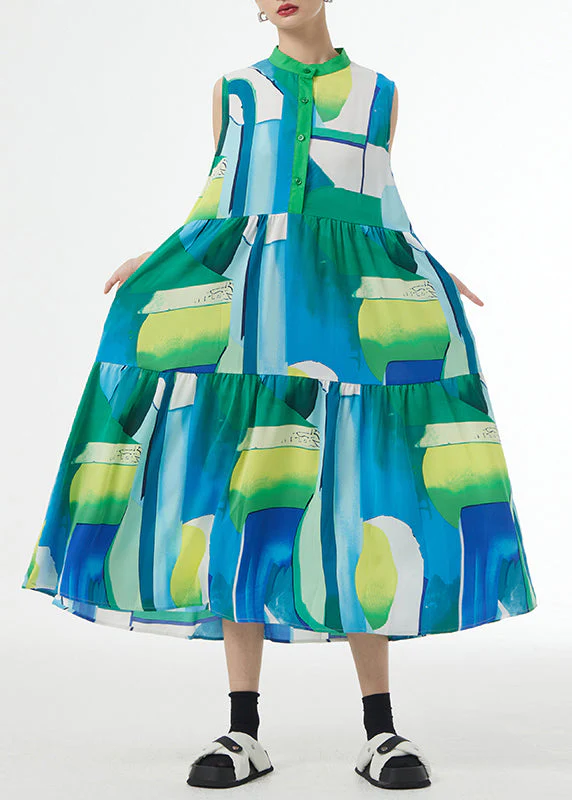 Beautiful Green Stand Collar Print Patchwork Cotton Party Long Dresses Sleeveless - Image 2
