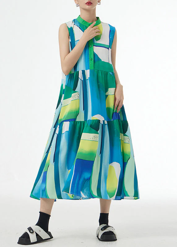 Beautiful Green Stand Collar Print Patchwork Cotton Party Long Dresses Sleeveless - Image 3