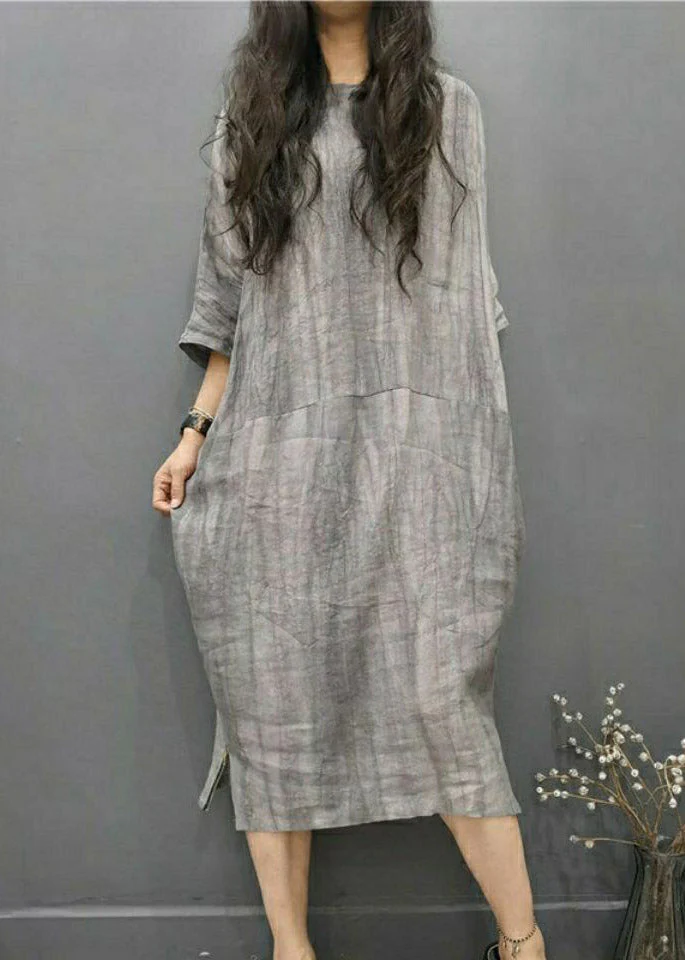 Beautiful Green text O-Neck Wrinkled Side Open Linen Long Dress Batwing Sleeve - Image 3