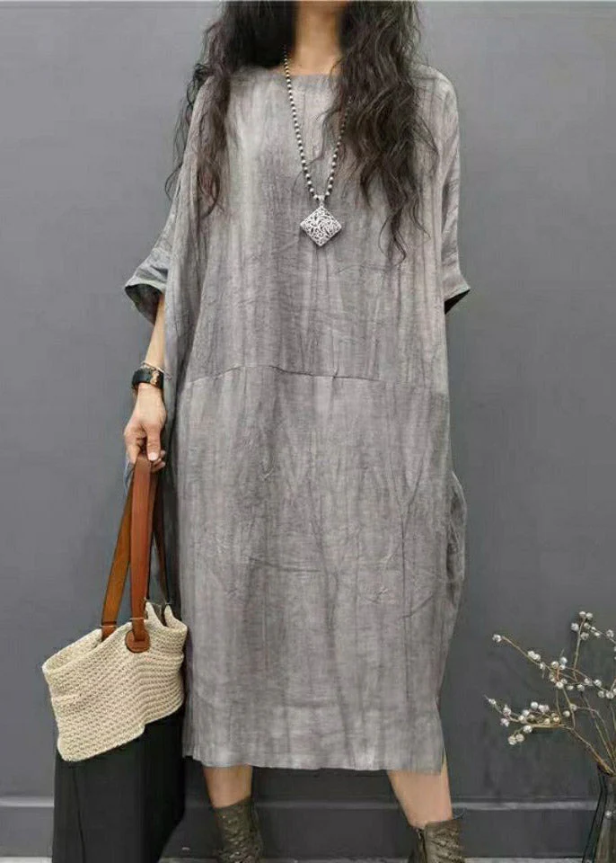 Beautiful Green text O-Neck Wrinkled Side Open Linen Long Dress Batwing Sleeve - Image 4