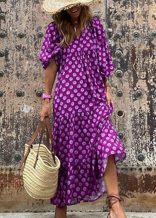 Beautiful Green V Neck Print Cotton Long Dresses Puff Sleeve - Image 2