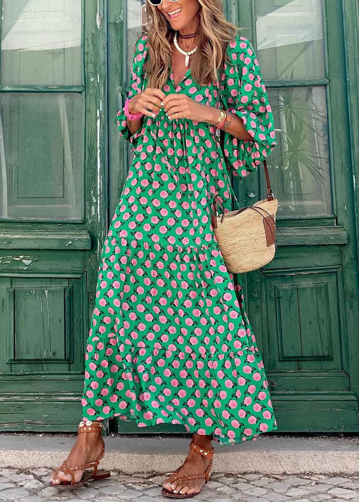 Beautiful Green V Neck Print Cotton Long Dresses Puff Sleeve - Image 3