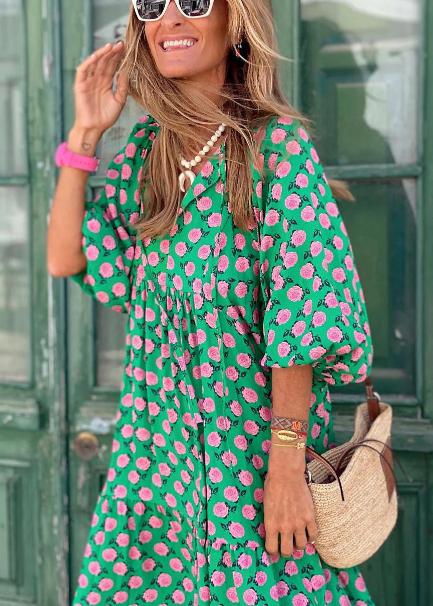 Beautiful Green V Neck Print Cotton Long Dresses Puff Sleeve - Image 4