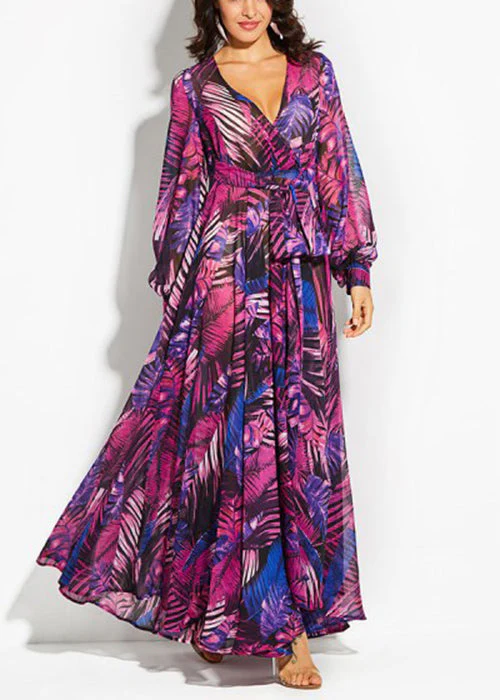 Beautiful Green V Neck Print Lace Up Cotton Maxi Dresses Spring - Image 3