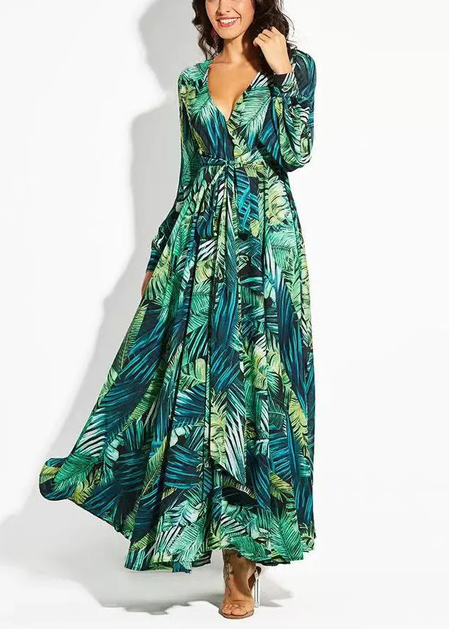 Beautiful Green V Neck Print Lace Up Cotton Maxi Dresses Spring - Image 4