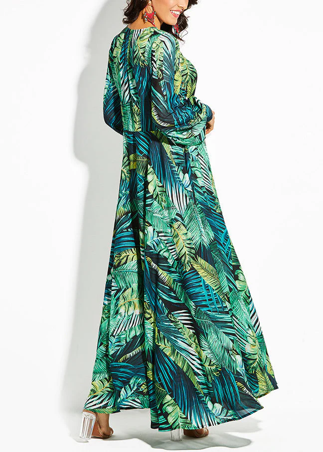 Beautiful Green V Neck Print Lace Up Cotton Maxi Dresses Spring - Image 5