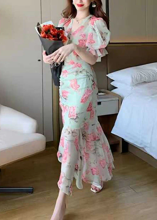 Beautiful Green V Neck Print Patchwork Chiffon Long Dress Summer - Image 2