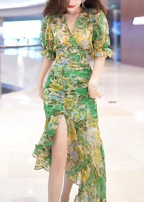 Beautiful Green V Neck Print Patchwork Chiffon Long Dress Summer - Image 3