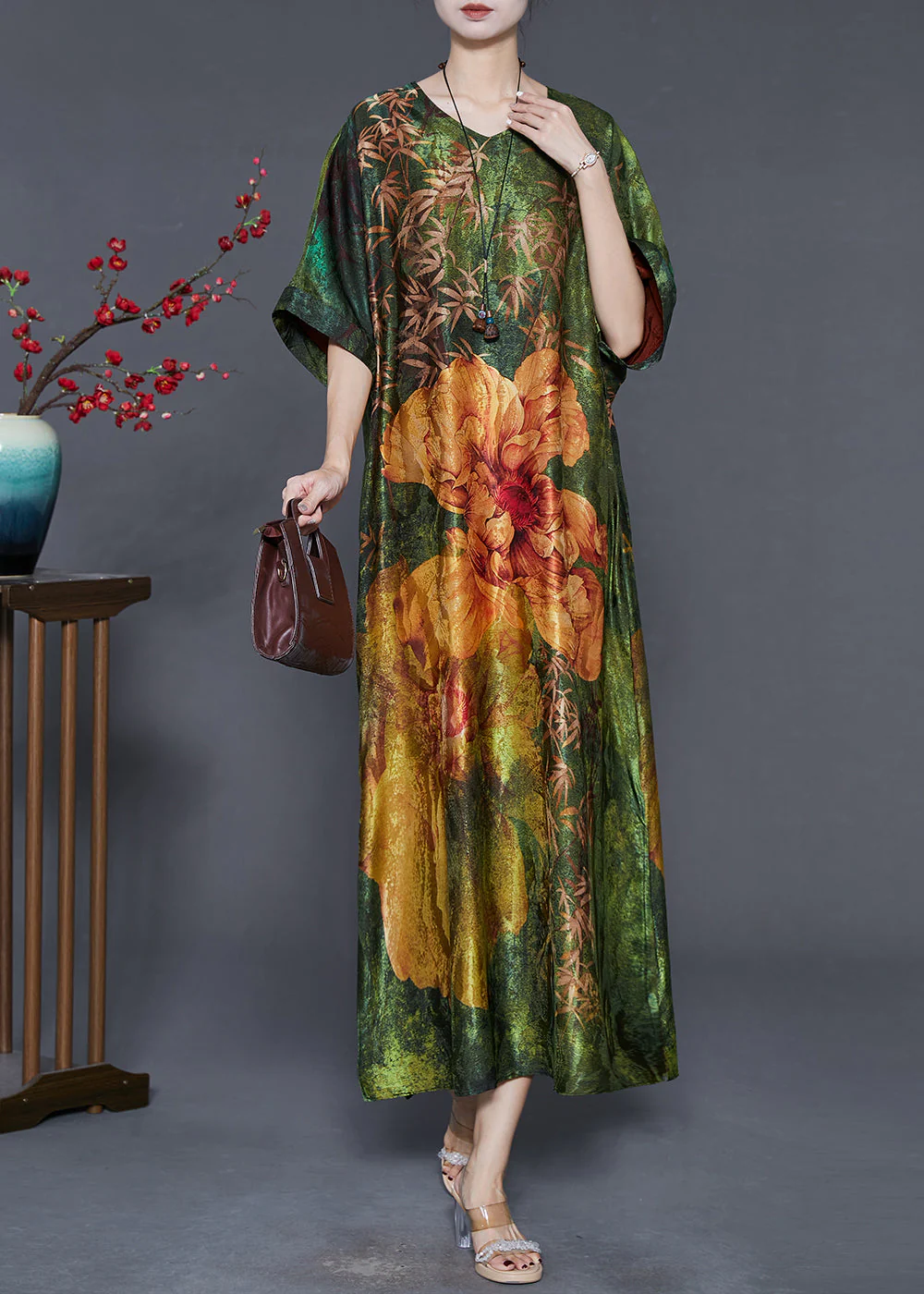 Beautiful Green V Neck Print Silk Robe Dresses Summer - Image 3