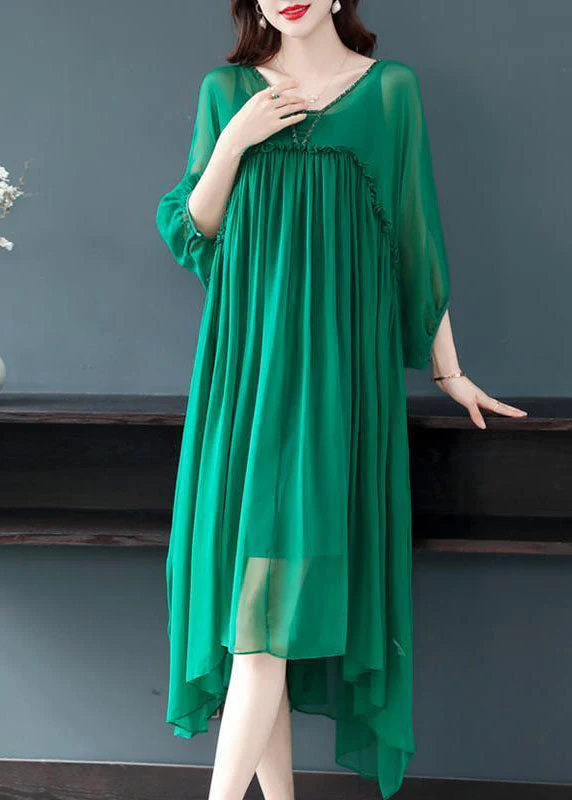 Beautiful Green V Neck Ruffled Wrinkled Chiffon Party Dress Bracelet Sleeve - Image 2
