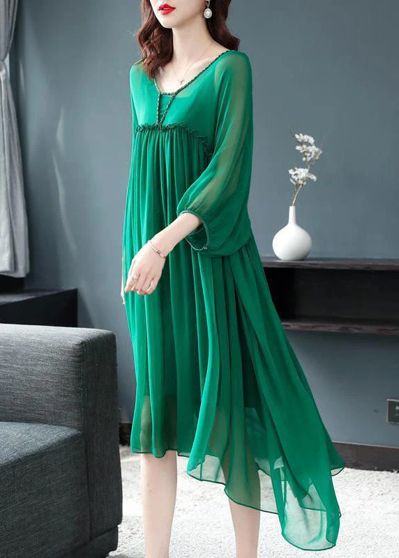 Beautiful Green V Neck Ruffled Wrinkled Chiffon Party Dress Bracelet Sleeve - Image 3