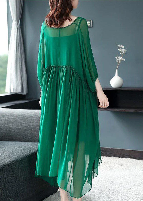 Beautiful Green V Neck Ruffled Wrinkled Chiffon Party Dress Bracelet Sleeve - Image 4