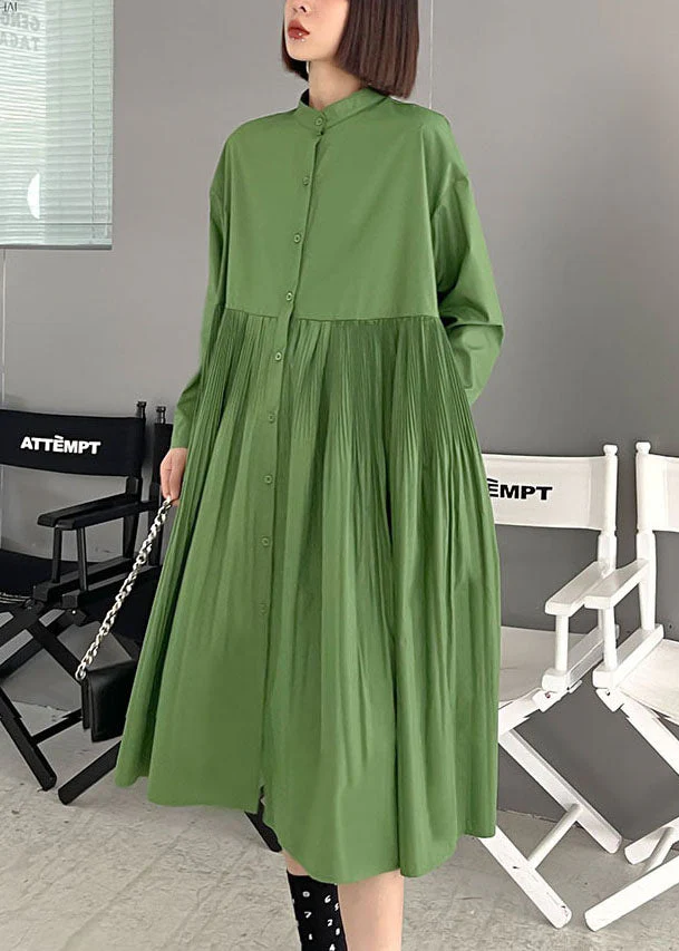 Beautiful Green wrinkled Pockets Button Fall Long sleeve Dress - Image 2