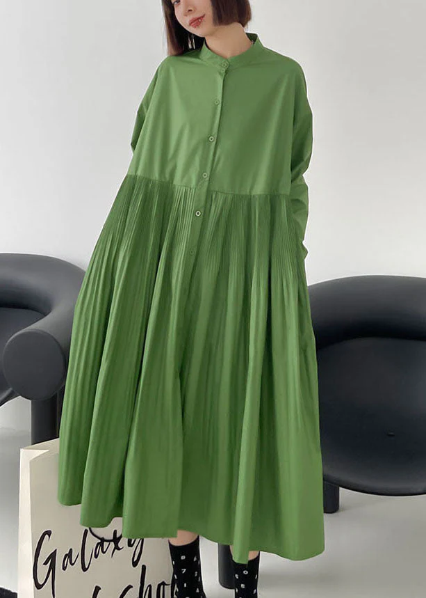 Beautiful Green wrinkled Pockets Button Fall Long sleeve Dress - Image 3