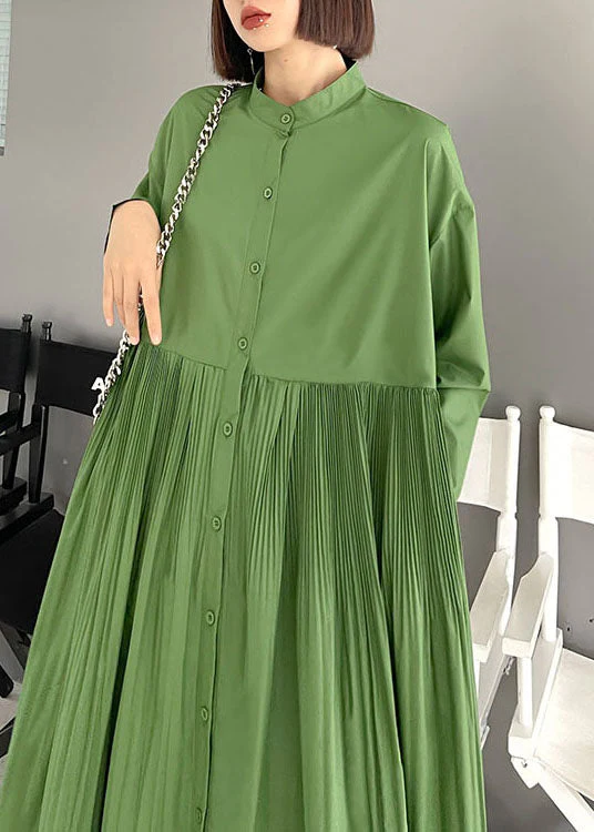 Beautiful Green wrinkled Pockets Button Fall Long sleeve Dress - Image 4