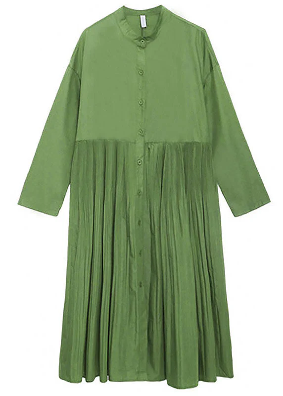 Beautiful Green wrinkled Pockets Button Fall Long sleeve Dress - Image 5