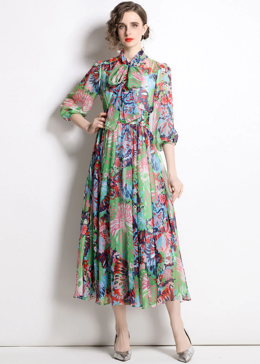 Beautiful Green Zip Up Print Chiffon Cinch Dress Half Sleeve - Image 2