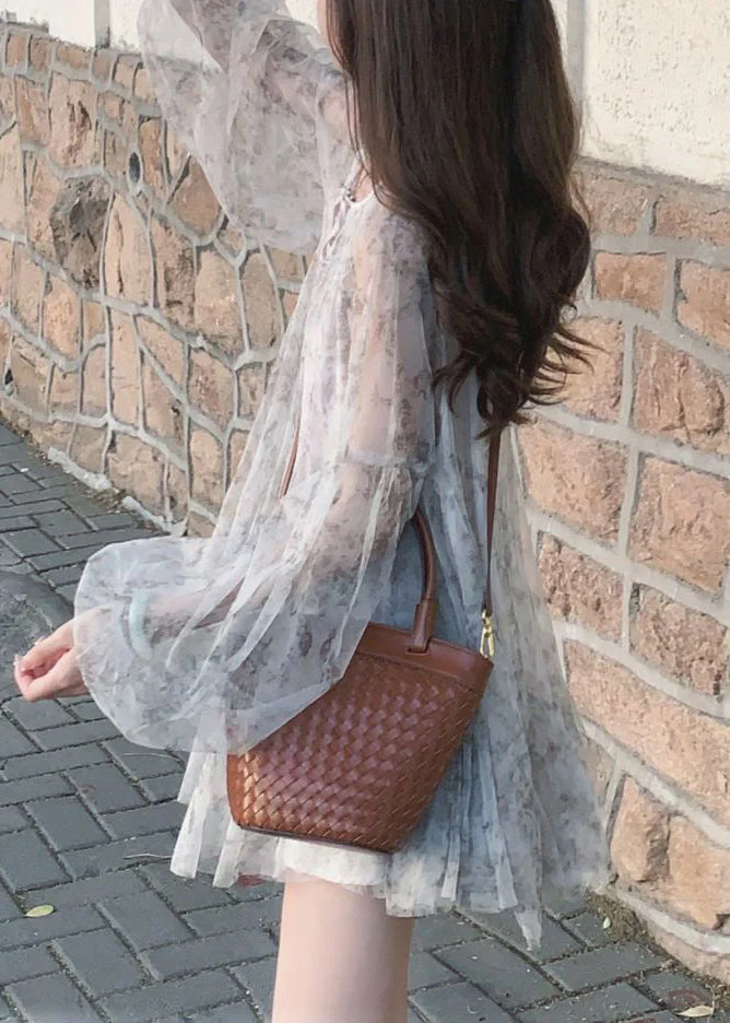 Beautiful Grey Lace Up Print Tulle Mid Dress Long Sleeve - Image 3