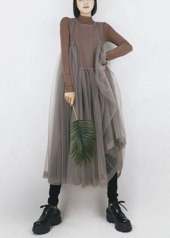 Beautiful Grey O-Neck Asymmetrical Design Tulle Long Dress Sleeveless - Image 2